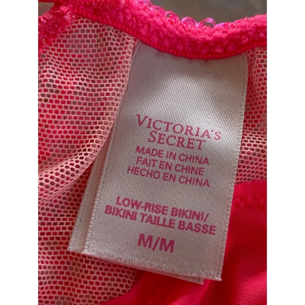 Victorias Secret Neon Pink Lace Satin Low Rise Bikini Panty Medium Bow 2013 y2k